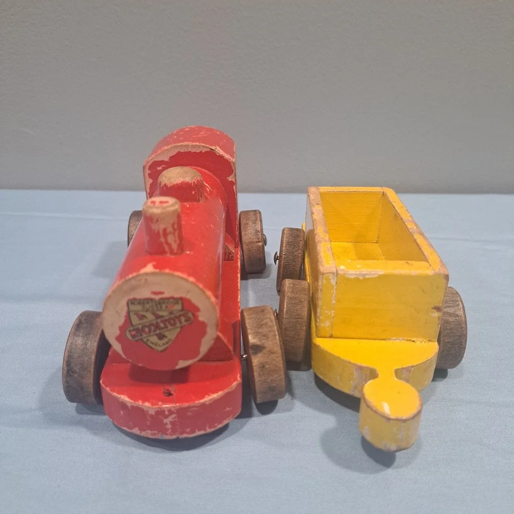 VTG Nicoltoys Wooden Train Engine & Wagon Red Yellow Made in England Rustic Toy